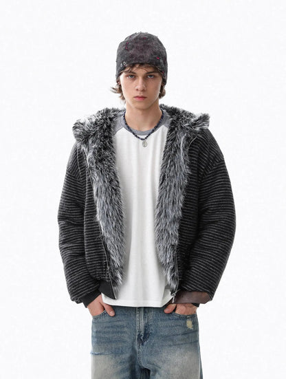 Brushed Striped Rabbit Faux Fur Hooded Jacket