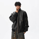 Patchwork Padded Faux Fur Collar Leather Jacket