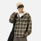 Cozy Color Block Plaid Hooded Flannel Oversized Shirt