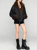 Leopard Spliced Lapel Faux Fur Belted Jacket