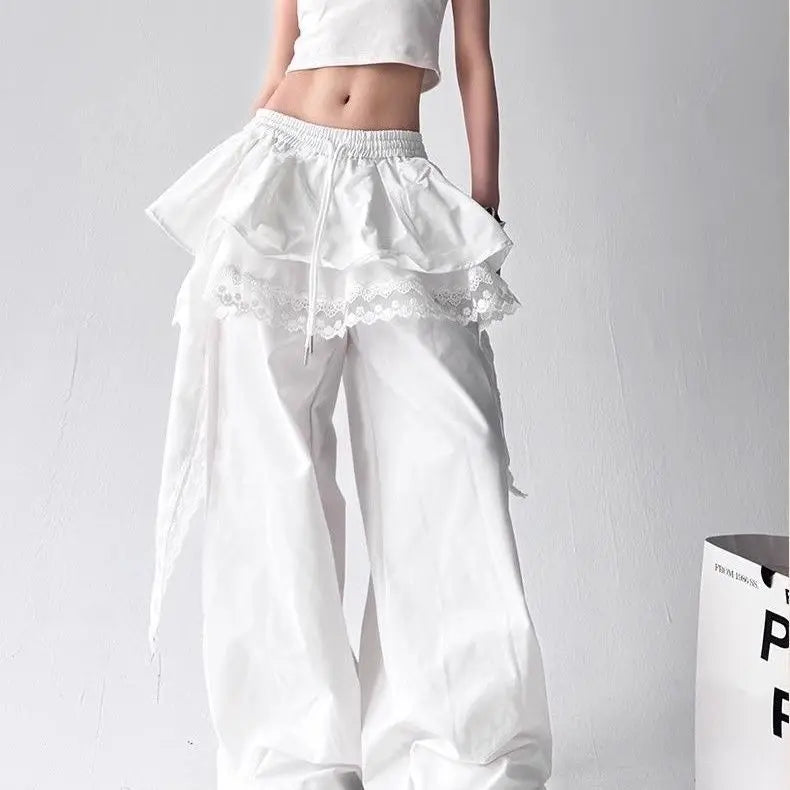 Contrasting Color Patchwork Lace Wide Pants
