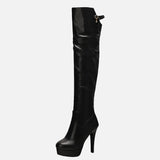 Embroidered Harness Stiletto Over Knee Leather Boots