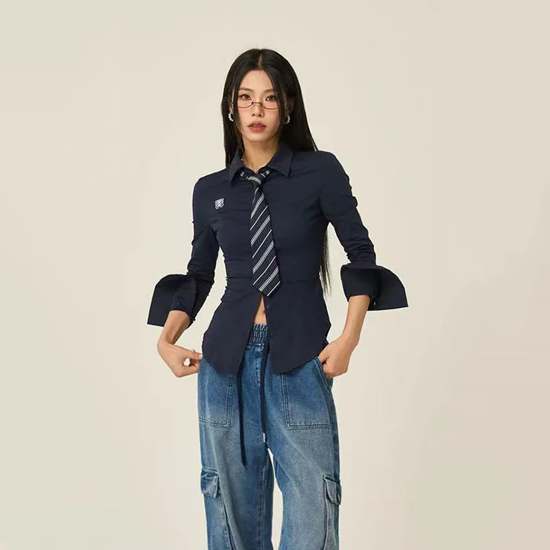 Women Stylish Trendy White Slim Fit Tie Shirt