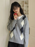 Retro Diamond Grid V-Neck Sweater