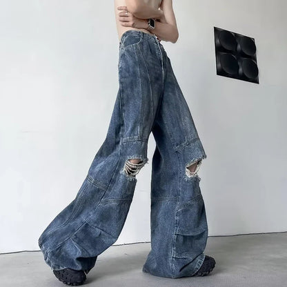 Trendy Wide Leg Broken Hole Jeans