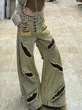 Streetwear distressed high waist leopard Jeans