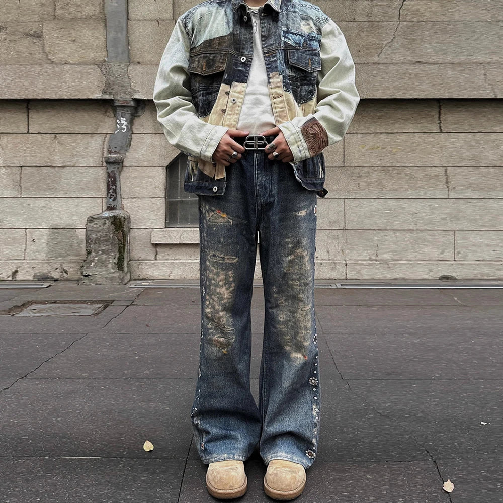 Vintage Digital Printed Distressed Jeans