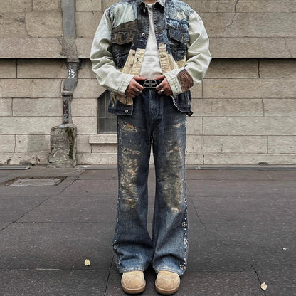 Vintage Digital Printed Distressed Jeans