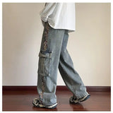 Model wearing the blue Patchwork Cargo Denim Pants