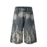 Streetwear Comfort Flame Wash Wide Leg Denim jorts
