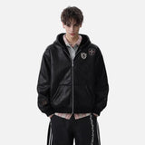 Embroidery Motorcycle Hooded Leather Jacket