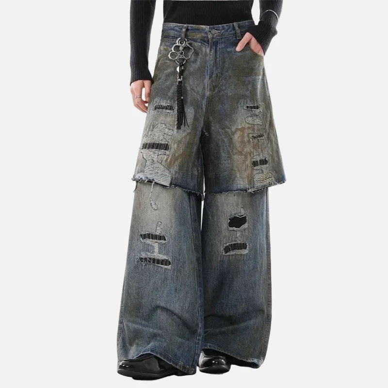 Durable Ripped Fake Two Piece Wide Leg Jeans
