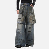 Durable Ripped Fake Two Piece Wide Leg Jeans