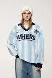 Model wearing the blue Striped Wheel With Star Design Sweater 