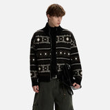 Elegant Geometric Pattern Stand Neck Zipper Cardigan