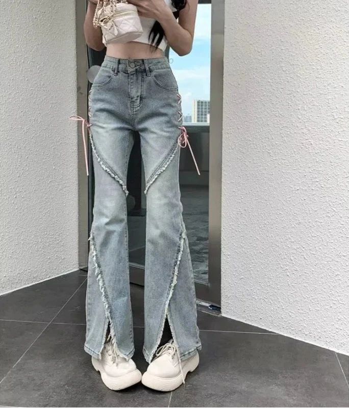 Retro Korean Tassel Split Flared Jeans