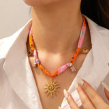 Golden Sun Totem Ceramic Flower Necklace
