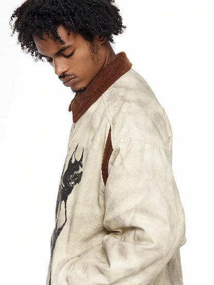 Cozy Distressed Dog Head Graffiti Lapel Jacket