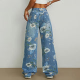 Vintage Flower Mid-Waisted Loose Straight Leg Jeans