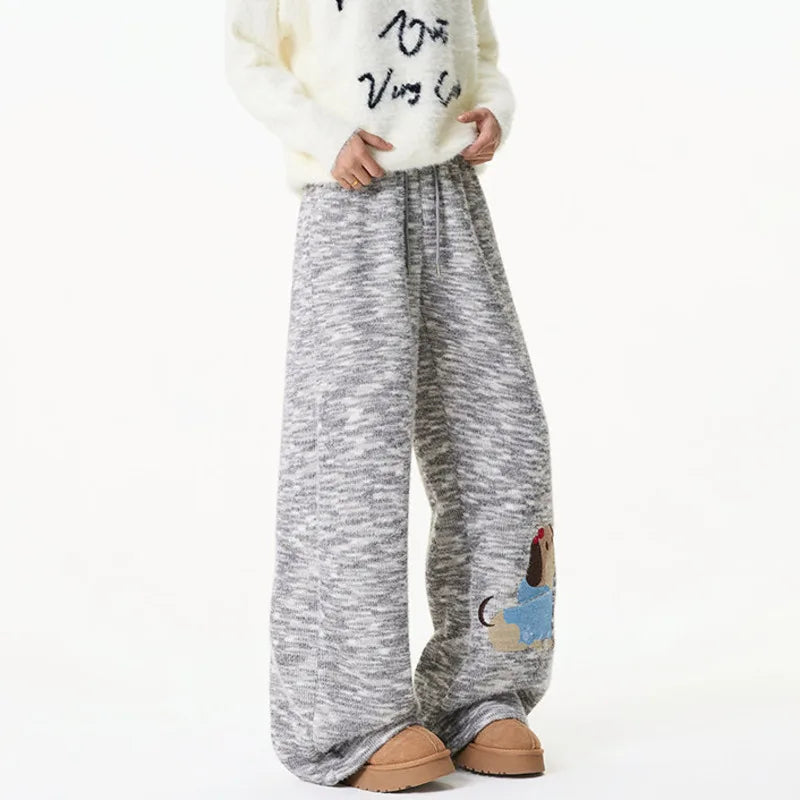 Winter Embroidery Cartoon Pattern Elastic Sweatpants