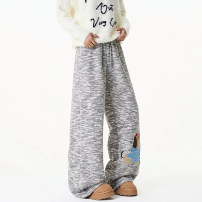 Winter Embroidery Cartoon Pattern Elastic Sweatpants