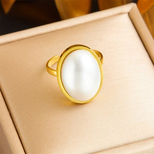 Adjustable Oval Pearl Stainless Steel Ring