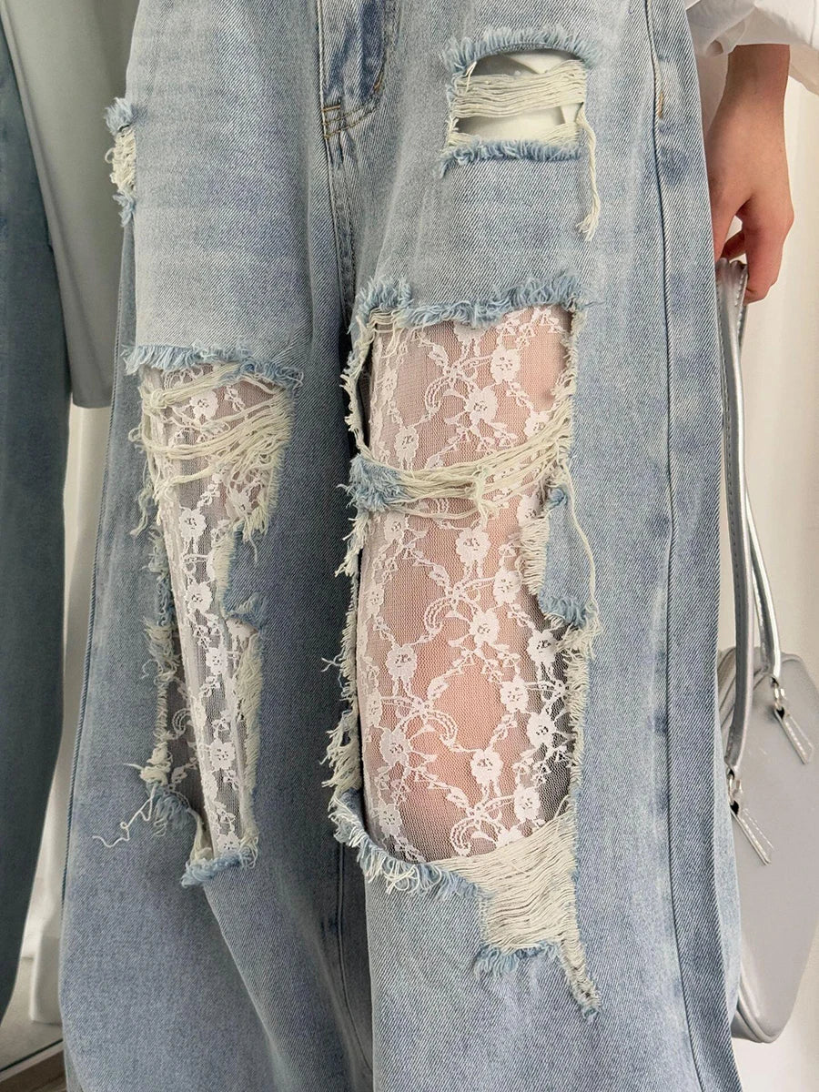 Women Retro Chic Lace Baggy Jeans
