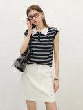 Women Casual Striped Knit Sleeveless Button Collar T-Shirt