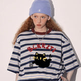 Women Retro Hip Hop Stylish Black Cat Print Striped T-Shirt