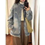 Blue Denim Zipper Casual Denim Jacket