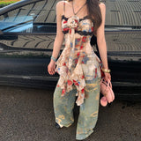 Women Chic Retro Floral Print Wide Leg Jeans