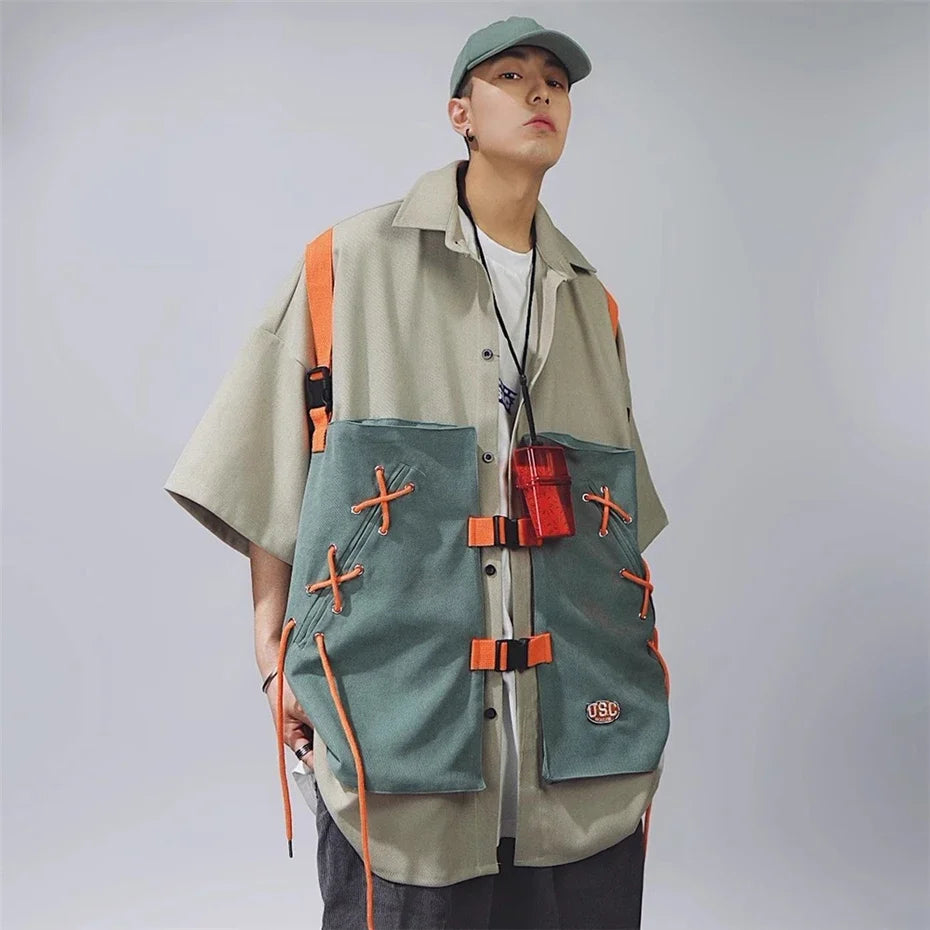 Vintage Patchwork Cargo Short Sleeve Shirt