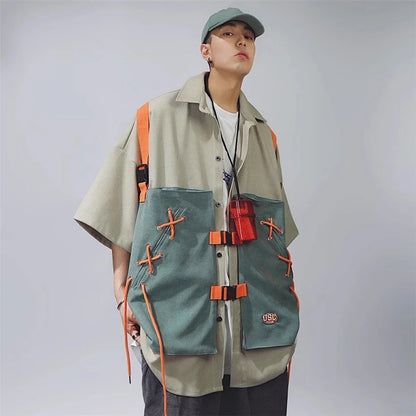 Vintage Patchwork Cargo Short Sleeve Shirt