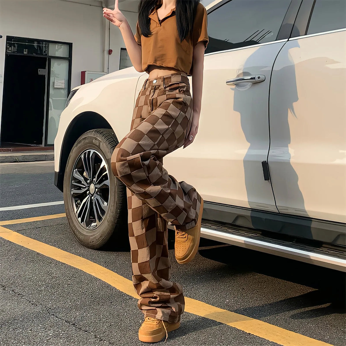 Brown Plaid High-waist Women's Pants