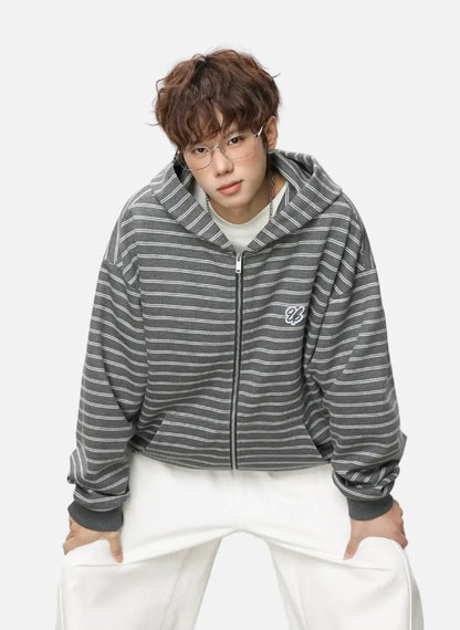 Y2K Embroidered Oversized Striped Hooded Sweatshirt
