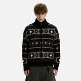 Elegant Geometric Pattern Stand Neck Zipper Cardigan