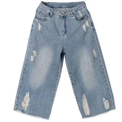 High Waist Ripped Wide Leg Jorts