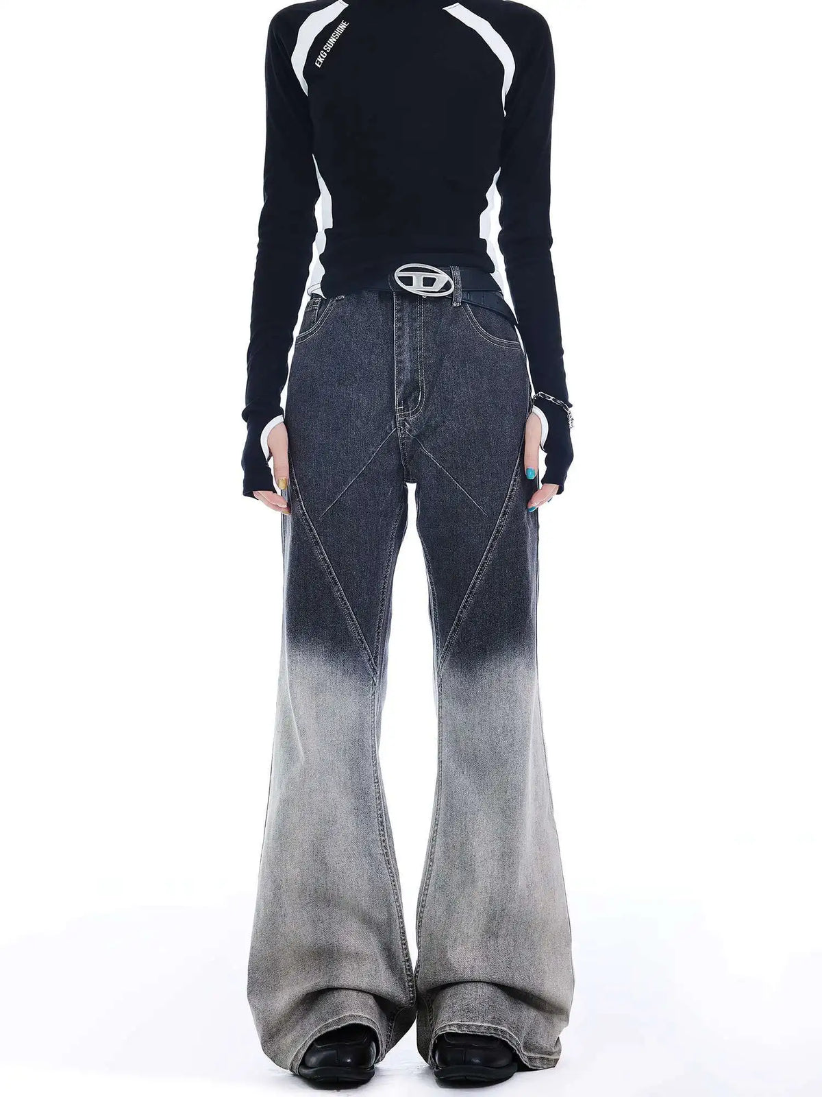 Gradient Color Patchwork Bootcut Denim Jeans