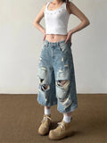 Streetwear Comfort Distressed Wide Leg Denim Jorts