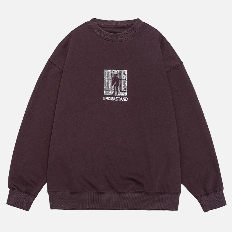 Versatile Loose Fit Round Neck Print Sweatshirt