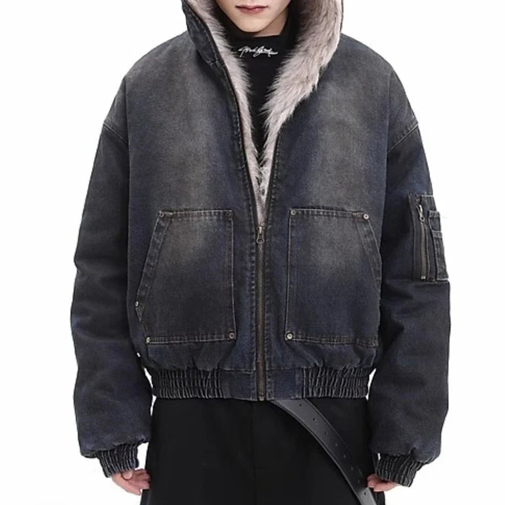 Winter Thickened Furry Hooded Denim Jacket