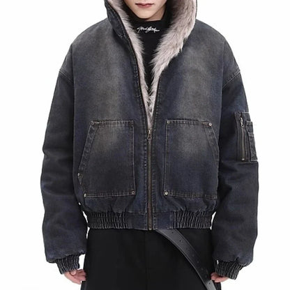Winter Thickened Furry Hooded Denim Jacket