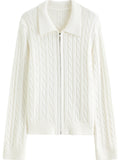Soft Waxy Knitted Turn-Down Collar Zipper Cardigan