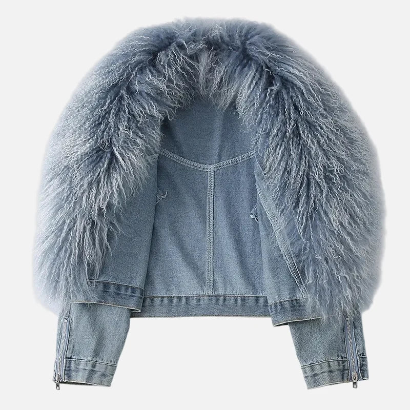 Stylish Mongolian Faux Fur Collar Denim Jacket