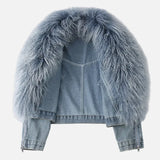 Stylish Mongolian Faux Fur Collar Denim Jacket