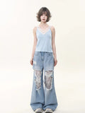 Women Vintage Lace Loose Fit Wide Jeans