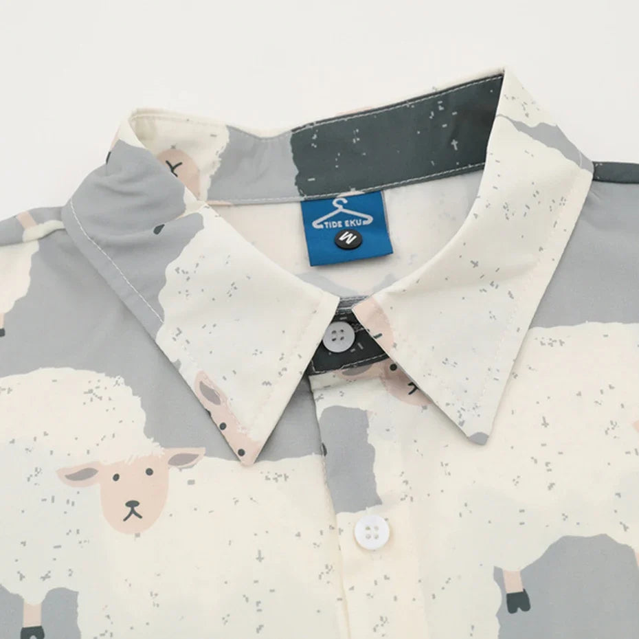 Sheep Print Loose Casual Button-Up Shirt