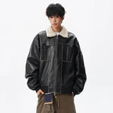 Patchwork Padded Faux Fur Collar Leather Jacket