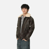 American Style Patchwork Fur Collar Leather Jacket