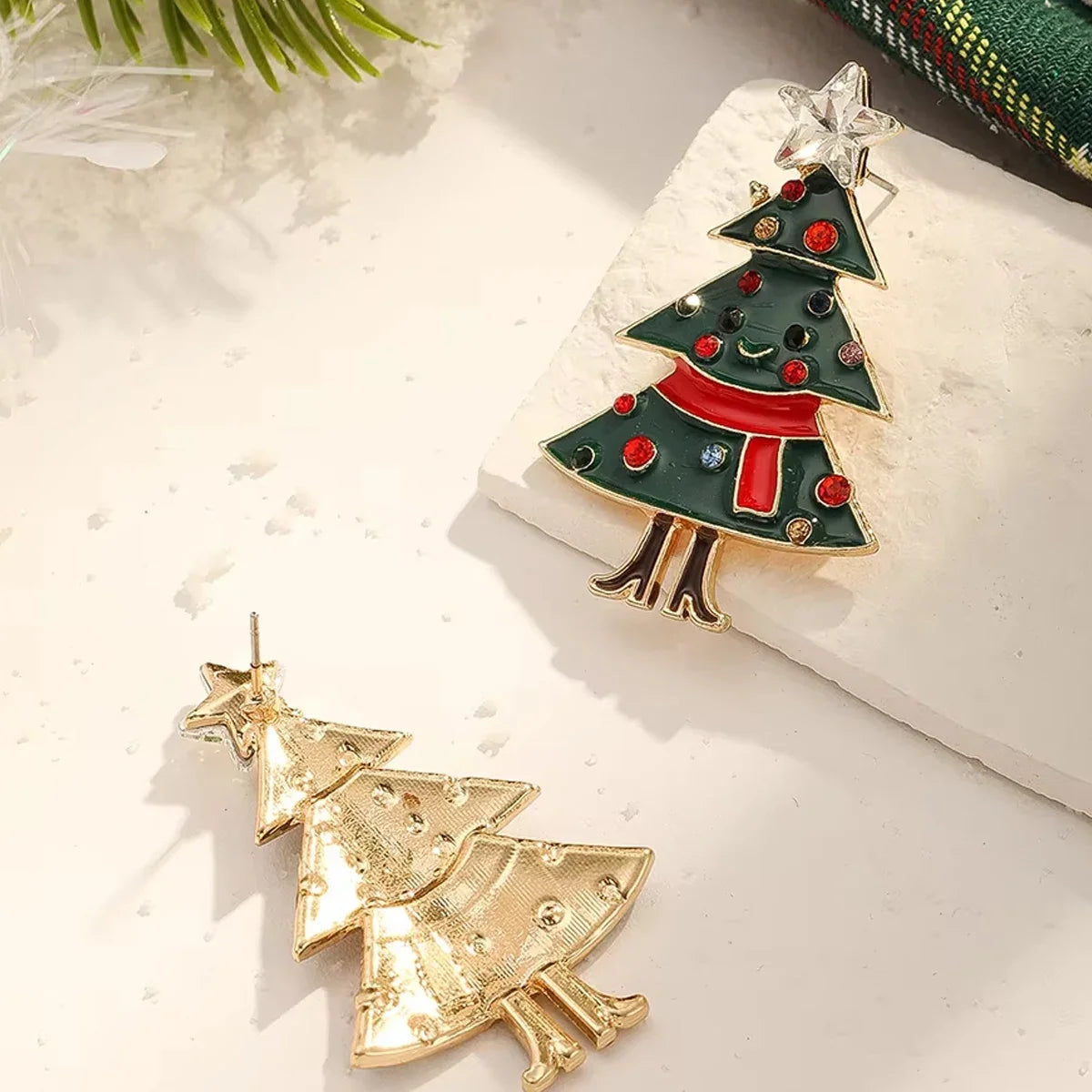 Green Red Crystal Christmas Tree Earrings